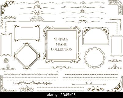 Monochrome Vintage-Rahmen und -Rahmen isoliert auf weißem Hintergrund. Vektorabbildung. Stock Vektor