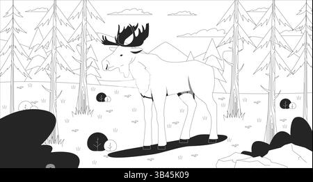 Elche, die im Bergwald stehen, Rodungslinie Illustration Stock Vektor