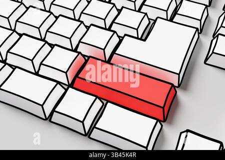 Handgezeichnete weiße Tastatur mit dicker Umrandung und roter Tastenkappe auf grauem Hintergrund. Kopieren Sie ein Leerzeichen, um ein gewünschtes Schlüsselwort in die hervorgehobene Taste einzugeben Stockfoto