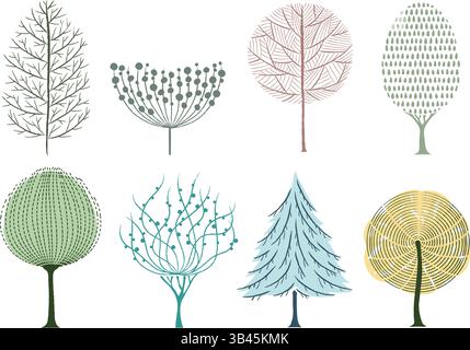 Vektor künstlerische Stilbäume Illustrationsset isoliert auf weißem Hintergrund. Stock Vektor
