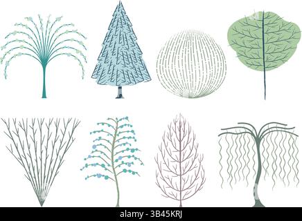 Vektor künstlerische Stilbäume Illustrationsset isoliert auf weißem Hintergrund. Stock Vektor