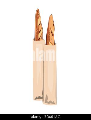 Zwei lange krustige Baguettes in Papiertüten. Leckeres Brot Set isolierte Vektor-Illustration. Stock Vektor