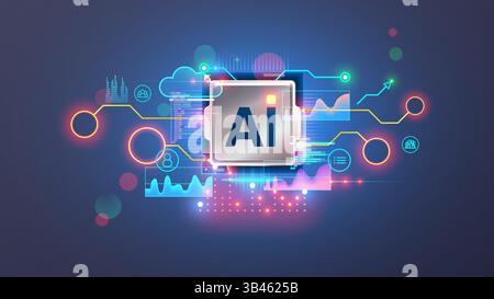 KI-Chip oder CPU mit abstrakten Elementen Leiterplatte, Codeprogramm, Symbolen, Diagrammen. KI- oder künstliche Intelligenz-Chip-Kern mit Buchstabe-KI-Vorderansicht. F Stock Vektor