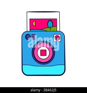 Retro-Fotokamera mit Foto aufgenommen. Vektorsymbol oder Piktogramm. Klassische oder Vintage-Fotografie und Bilderfassung. Analoge Pop-Art-Fotokamera. Stock Vektor