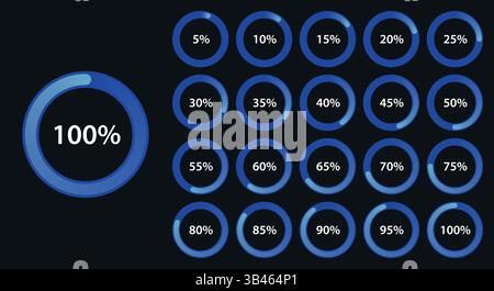 Eine Sammlung leuchtend blauer kreisförmiger Fortschrittsdiagramme mit Prozentsätzen von 5 % bis 100 % auf dunklem Hintergrund Stock Vektor