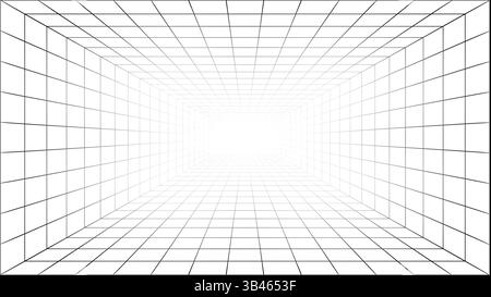 Ein Schwarzweiß-perspektivischer Gittertunnel mit konvergierenden Linien, die einen optischen 3D-Illusionseffekt erzeugen. Stock Vektor