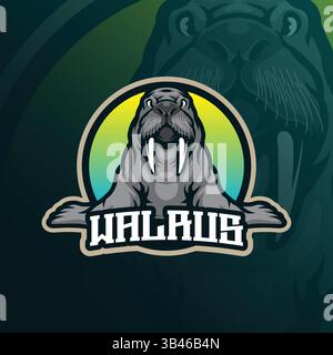 Logodesign im Walrusdesign mit modernem Illustrationskonzept für Abzeichen, Emblem und T-Shirt. Niedliche Walrossillustration. Stock Vektor