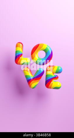 Happy Pride Social Media Post Hintergrund mit dem Wort „LOVE“ in Regenbogenfarben auf einer lila Wand mit Kopierraum zur Feier von LGBTQIA+ Pride Mont Stockfoto
