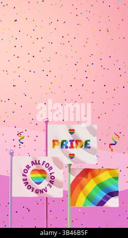 Happy Pride Hintergrundvorlage für festliche Social-Media-Beiträge mit drei Flaggen, die auf rosa Hintergrund schwenken, und Konfetti, die LGBTQIA+ Pride Month darstellen Stockfoto
