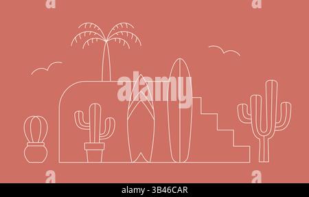 Linie arabisch surfen Spot Vektor Illustration. Landschaft im marokkanischen Stil, Surfbrett, Kakteen Hintergrund. Stock Vektor