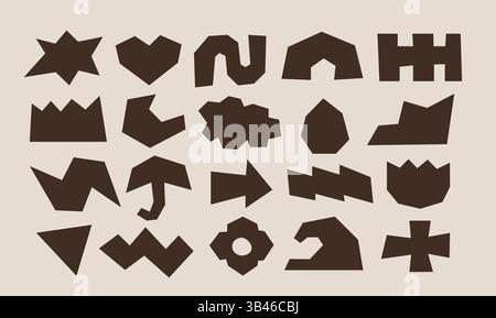 Verschiedene schwarze abstrakte, flache geometrische Grafikformen. Groovige funky eckige Retro-Vektor-Silhouetten im 90er-Stil. Stock Vektor