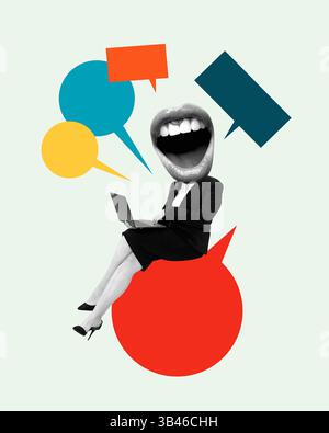 Konzeptionelles Kunstdesign. Digitaler Dialog. Frau mit Laptop und übergroßem Mund, umgeben von Sprachblasen, die digitales Chatter darstellen. Stockfoto