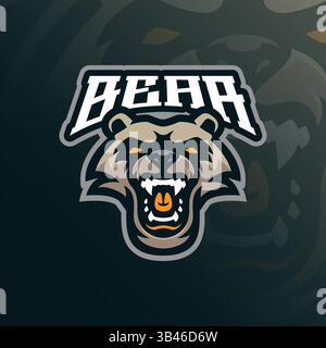 Design mit Maskottchen und modernem Illustrationskonzept für Abzeichen, Emblem und T-Shirt. Illustration des wütenden Bärenkopfes für die Sportmannschaft. Stock Vektor