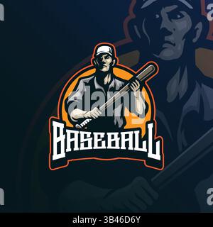 Baseball-Maskottchen-Logodesign mit modernem Illustrationskonzept für Abzeichen, Embleme und T-Shirts. Männer Baseball Illustration mit Stock. Stock Vektor