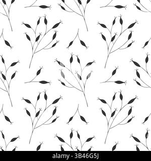 Silhouette von Rosenhüftzweigen auf weißem Hintergrund, Pflanzenmuster. Hagebutten oder Rosen, Ernte, Quelle von Vitamin C. Hand gezeichnete Doodle. Vektorillust Stock Vektor