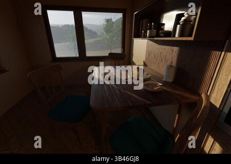 Ein gedeckter Tisch mit einem Teller Borschtsch und Brot, ein gemütliches Zuhause mit sanfter Beleuchtung. Stockfoto