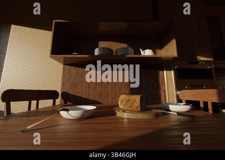 Ein gedeckter Tisch mit Tellern und Brot, eine gemütliche Inneneinrichtung mit sanfter Beleuchtung. Stockfoto