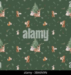 Nahtloses Muster mit Aquarellillustration von Tannenbaum und Tannenzweigen, Nadel und Babyhirsch mit Girlande. Handgemalte Tiere: Bär und Stockfoto