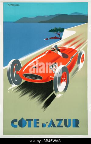Reiseporster, das den Tourismus in Nizza, Frankreich, fördert, Cote d'Azur, ein Art déco-Poster mit einem roten Roadster, der entlang der französischen Riviera fährt. Stockfoto