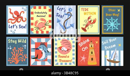 Meerespostkarten mit niedlichen Meerestieren, Sommerzitate und nautischen Elementen. Lustige handgezeichnete Stil, perfekt für Grußkarten, Kindermotive, Aufkleber Stock Vektor