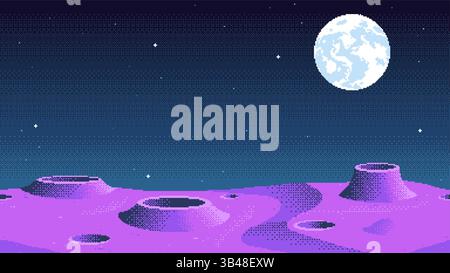 Pixelbild Planet Oberflächenhintergrund. Ort des kosmischen Mondspiels. Illustration des nahtlosen Vektors des Weltraums Stock Vektor