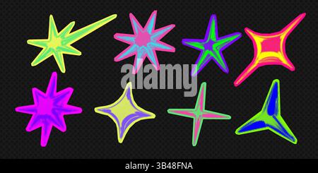 Y2K 3d Punk Neonfarben Hell Chrom Halbtonsterne Form Retro abstrakte Vektor Illustration Sticker Set. Stock Vektor