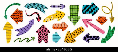 Kollektion mit Pfeilform und Pinselstrich. Abstrakte handgezeichnete Pfeile in farbenfrohem Vektormuster, perfekt zum Hervorheben von Elementen, verspielt Stock Vektor