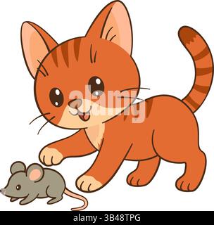 Süßes Kätzchen, das mit einer Maus spielt. Niedliches Ingwertabby-Kätzchen im flachen Chibi-Katzendesign mit sauberem, schlichtem Design. Für Kinderbücher, Story Illustrationen, Grußkarten, Aufkleber, T-Shirts, Becher und Poster. Stock Vektor