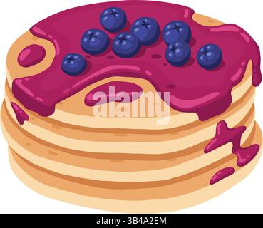 Cartoon-Pfannkuchen. Ein Stapel leckerer Pfannkuchen mit Ahornsirup, Butter, Schokoladensirup, Früchten und Marmelade. Köstliches Frühstück Essen Vektor Illustration Stock Vektor