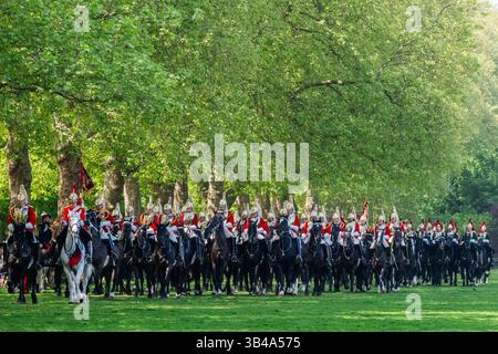 London, Großbritannien. April 2025 30. Das Household Cavalry Mounted Regiment, die Leibwächterparade der Königin im Hyde Park, um ihre Bereitschaft zu beweisen, staatliche zeremonielle Aufgaben für das Jahr zu erfüllen. Ihre jährliche Inspektion wurde von Major General Bowdler, dem General Officer, der die Haushaltsabteilung kommandiert. Während der Parade trabten 174 Männer, Frauen und Pferde, darunter die Household Cavalry Band mit ihren Drum Horses, über das Gras des Hyde Park, in einer Darstellung militärisch aufgehängter Präzision. Guy Bell/Alamy Live News Stockfoto
