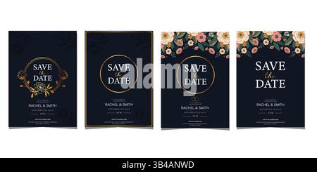Set aus luxuriösen goldenen Hochzeitsrahmen, eleganten floralen und geometrischen Vektorvorlagen „Save the Date“ für moderne Hochzeitseinladungen und -Ankündigungen Stock Vektor