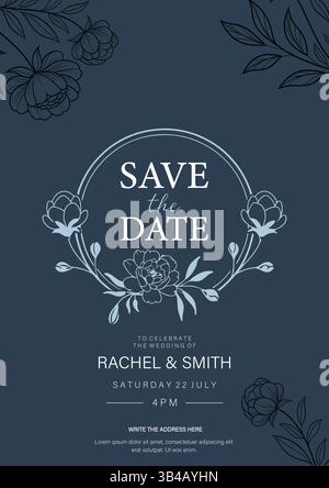 Elegantes Blumenhochzeits-Einladungsset – Vorlagen mit dunklem Hintergrund „Save the Date“ mit goldenen und pastellfarbenen Blumen, perfekt für moderne Luxusheiraten. Stock Vektor