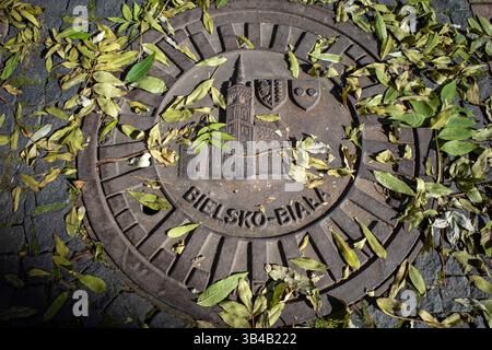 Mannlochabdeckung mit herabfallenden Blättern. Bielsko-Biała, Polen. Stockfoto