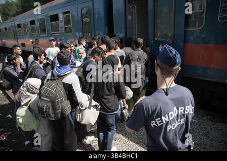 14. September 2015: Flüchtlinge sahen, wie sie in den Zug stürzten, der sie in Richtung Österreich bringen wird. - Die ungarischen Behörden waren auf Züge angewiesen, um Flüchtlinge von der Ungarisch-serbischen Grenze nach Österreich zu transportieren, da sie die Grenze zu Serbien innerhalb der nächsten Stunden schließen wollten. 14. September 2015. (Kreditbild: © Geovien so via ZUMA Wire) Stockfoto