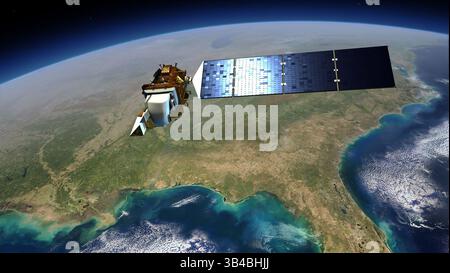 11. Februar 2013 - eine Künstleransicht des Raumschiffs Landsat Data Continuity Mission im Orbit über der Golfküste der USA. Die Landsat Data Continuity Mission (LDCM) der NASA startet heute auf dem Luftwaffenstützpunkt Vandenberg, Kalifornien, Amerika. Manager haben das „Go“ gegeben, um in Richtung Montag (11. Februar) des Starts der Landsat Data Continuity Mission (LDCM) der NASA auf einer Luftwaffenstützpunkt der United Launch Alliance Atlas V in Kalifornien zu fahren. Der Start ist für 10:02 Uhr (PST) geplant, vorausgesetzt, die Wetterbedingungen sind günstig..... Ein Sprecher der NASA sagt: „ Stockfoto