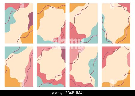 Poster mit schmelzenden Formen in Pastellfarben. Organic Shapes Kartenkollektion mit dünnen Linien. Abstraktes Design für Einladungen, Karten, Drucke und Dekorationen Stock Vektor