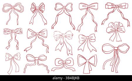 Pinkes handgezeichnetes Schleifenset im Coquette-Stil. Retro-Cartoon-Kollektion mit festlichem Girlish Design Elements. Stock Vektor