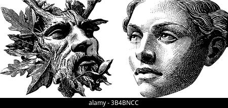 Gravierte Illustrationen von Gesichtern von Trockenheit und Baumgeist für mythologische Kunstsammlungen. Stock Vektor