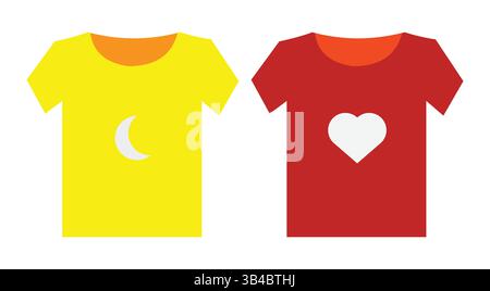 Zwei kontrastierende T-Shirts, eines mit einem Mond und das andere mit einem Herz, sind Inspiration für das Bekleidungsdesign. Stock Vektor