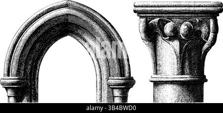 Komplizierte gotische Architektur - Ogivalbogen- und Säulen-Hauptgestaltungselemente. Stock Vektor