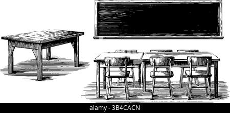 Vintage-Gravur von Unterrichtselementen mit Tafel und Schreibtischen für pädagogische Themen. Stock Vektor