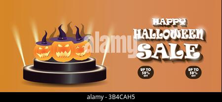 Happy Halloween Sale Banner mit Podium und Halloween Kürbis, Flyer für Festivalverkauf Ankündigung, leicht editierbar für Online Verkauf Stock Vektor