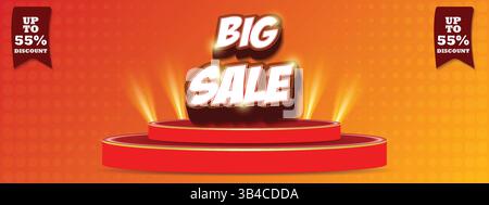 Große Verkaufsanzeige mit 3D-Schriftart und luxuriösem Podium und Spotlight, kann im Online-Verkaufs-Marketing-Flyer, Produktförderung, Werbung, Stock Vektor