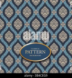 Ovales nahtloses Ogee-Muster mit hellblauem Rahmen und orangefarbenem Mittelmotiv für Dekorationen, Tapeten, Stoffdrucke, Textilien, Geschenkpapier, ein Stock Vektor