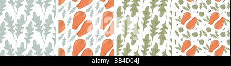 Freihand Arugula Blätter Lachssteaks Brüssel Sprossen nahtlose Muster gesunde Ernährung Fond Big Set. Isoliertes Vektordesign thematische Menükarten Wallpaper, Verpackung oder Web-Promo-Banner, Faltblatt, Preis Stock Vektor