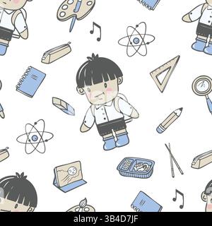 Nahtloses Muster mit chinesischem Jungen- und Schulbedarf im Cartoon-Stil. Vektor. Stock Vektor