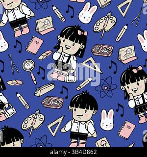 Chinesische Jungen und Mädchen Schulkinder und Schulutensilien im Cartoon-Stil. Vektor. Stock Vektor