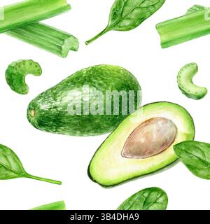 Aquarellmuster von Avocado, Spinat und Sellerie, Kollektion von frischem grünem Gemüse Stockfoto