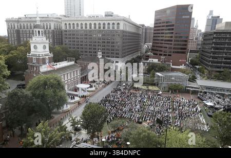 26. September 2015 - Philadelphia, PA, USA - Papst Franziskus hält eine Rede in der Independence Hall in Philadelphia am Samstag, 26. September 2015. (Bild: © Elizabeth Robertson/TNS via ZUMA Wire) Stockfoto