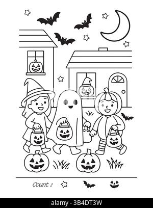 Ausdruckbare Halloween-Ausmalseite für Kinder, Vorschulkinder oder Kindergartenaktivitäten, Spaß im Wartezimmer. Vektorabbildung Stock Vektor